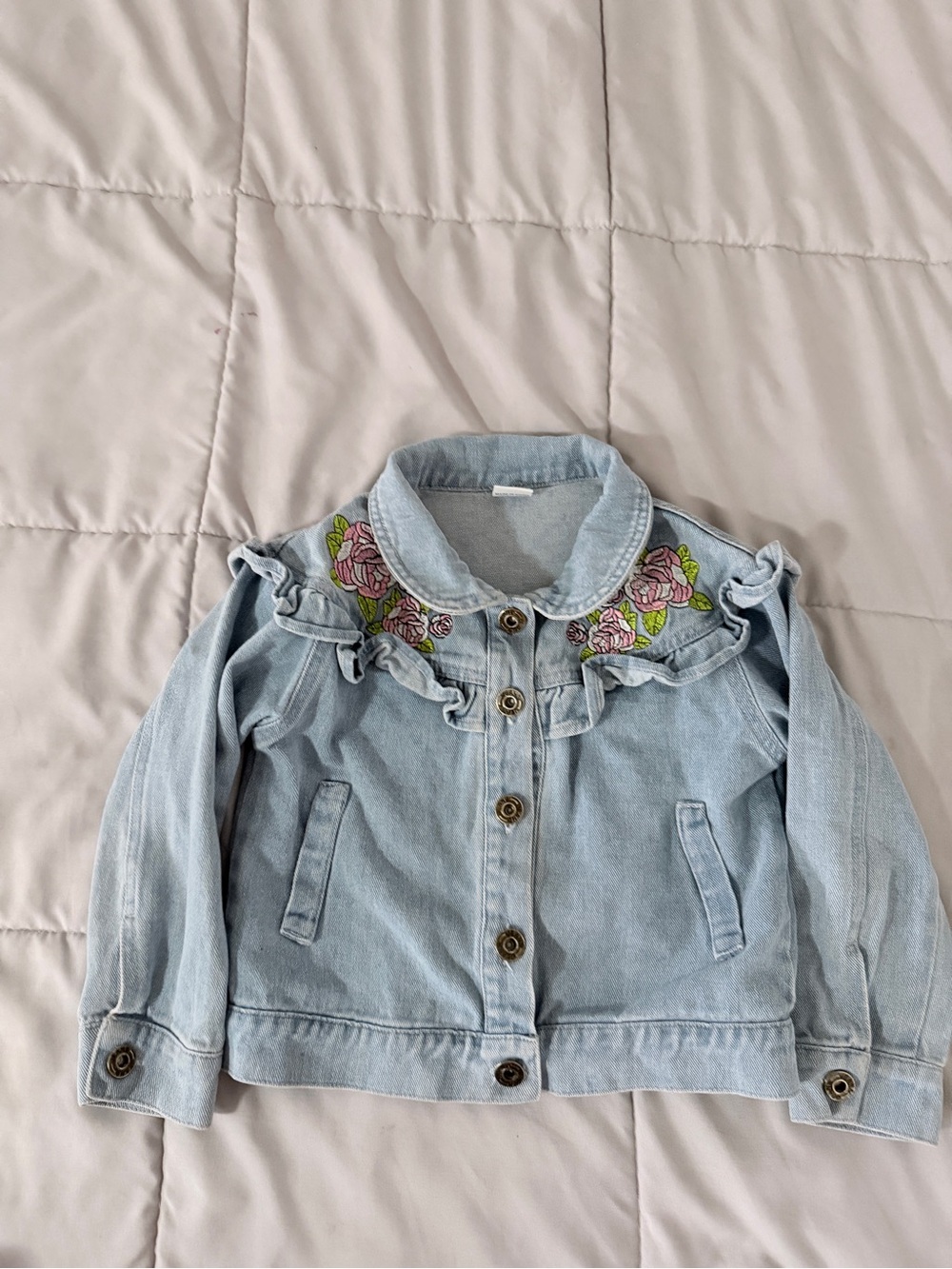 Light Blue Denim Girls' Jacket with Floral Embroidery